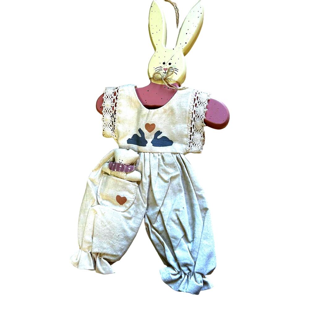 SKU 2143 Vintage Wood Rabbit Wall Hanger Jumpsuit & Pocket Bear 13"